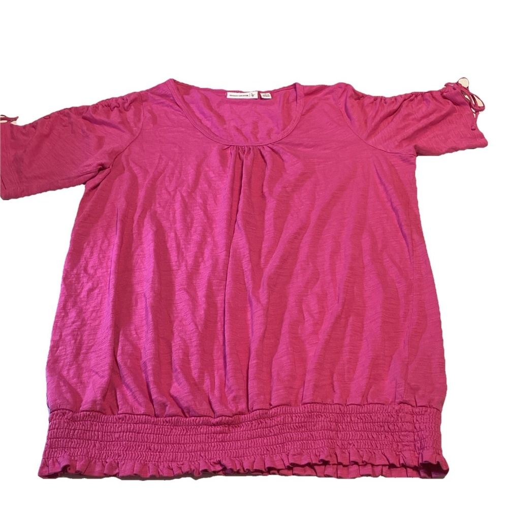 Susan Graver size Large Pink Round Pleated Collar‎ Short Sleeve Top